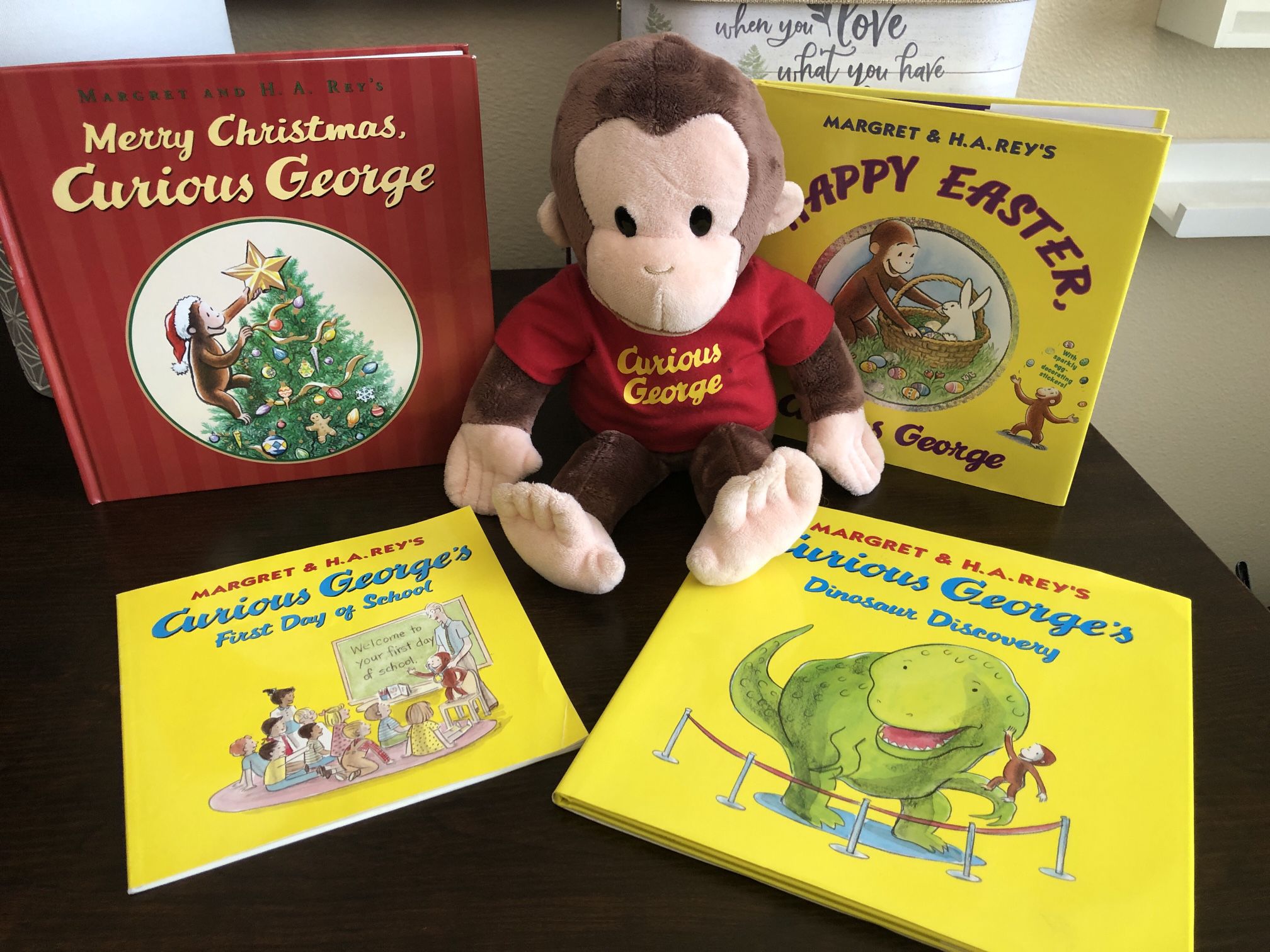 Curious George Plush 15” Gund With 4 Books Lot (3 Hardcover 1 Paperback)