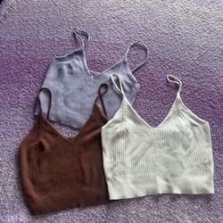 White, brown, and purple ribbed crop tops 