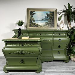 Beautiful Two-Toned Olive Green Dresser & (1) Nightstand 🍃