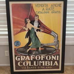 Large Framed Vintage Italian Columbia Grafononi Poster – 43” x 58” Art Deco Style