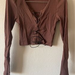 Urban Nation, Women’s Brown Stretchy Front Tie Crop Top, Size L