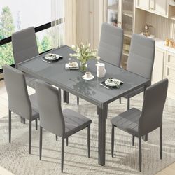 TYLER Grey Glass Dining Table Set (Table and 6 Chairs) - 7 Piece