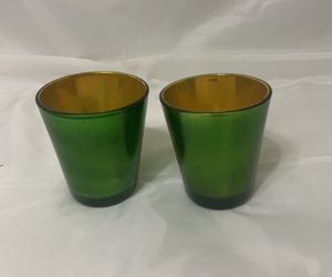 Two’s Company Green Tea Light Candle Holders 22K Gold Glass  3.5” Tall