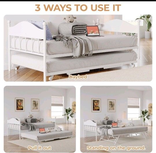 New! Daybed with Trundle, Metal Twin Bed Frame with Pop Up Foldable Trundle Bed, White
