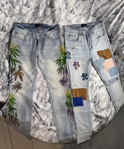 Amiri Light Wash Jeans with Gradient Leaf Print