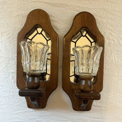 Vintage Pair of Oak Mirrored Wall Sconces