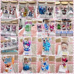 16 Oz. Glass cups. Mickey Mouse, Hello kitty, Stitch, Winnie The Pooh, Princess, Etc.