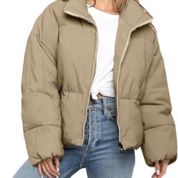 Women's Winter Cropped Puffer Jacket Oversized Long Sleeve Full Zip Puffy Coat Warm Quilted , Large