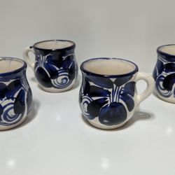 Set of 4 Mexican Talavera Pottery Coffee Mugs 4 Inch Blue and White Hand-Painted