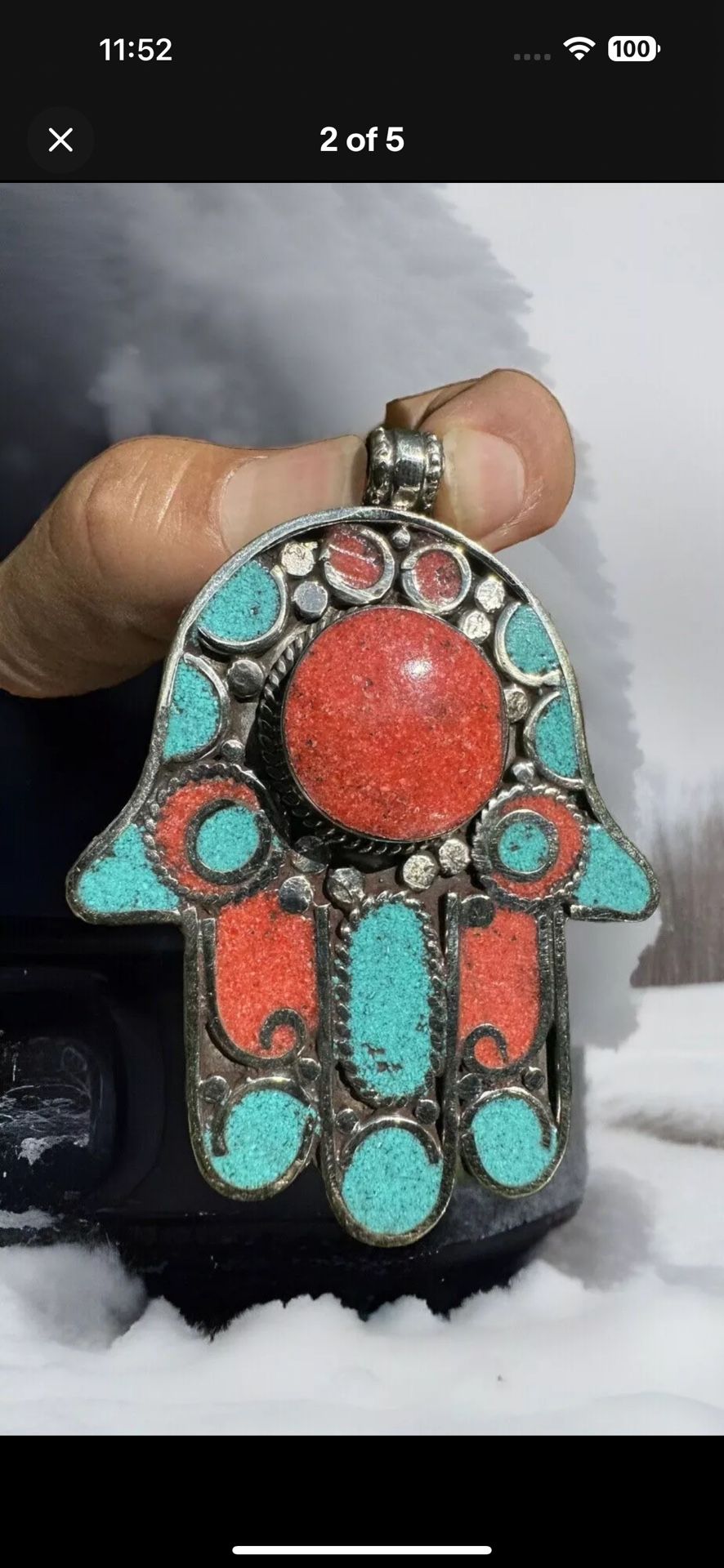 Vintage and handmade Tibetan silver Hamsa pendant 3”inch tall