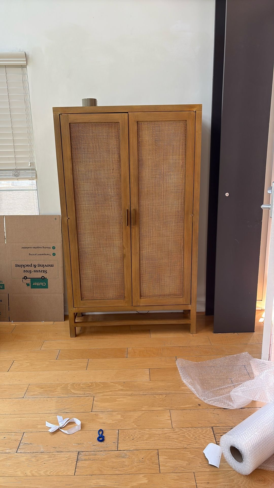 Pottery Barn Cane And Wood Armoire/bar Cabinet