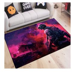Shooting Gaming Area Rug Teen Boys Carpet, Battle Game Rug and Colorful Bomb Background War Design for Game Room, Gaming Room, Boys Girls Bedroom Play