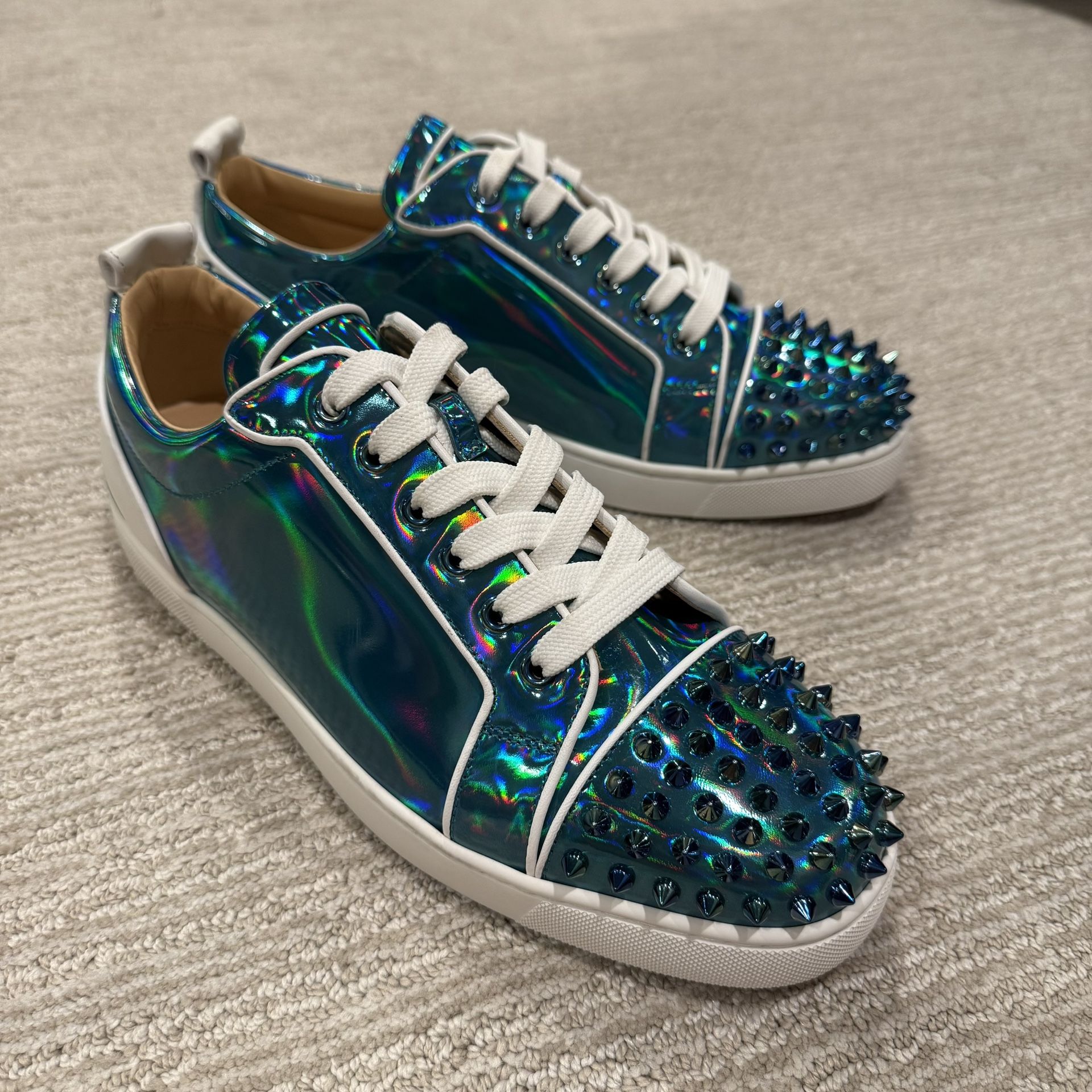 Christian Louboutin Men’s Blue Iridescent Spike Leather Louis Junior Sneakers 43 EU or 10 US
