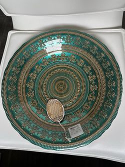 Decorative Teal and Gold Glass Plate