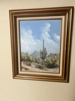 Original R. McHugh 1983 Desert Saguaro Cactus Oil Painting