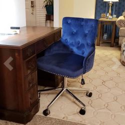 New Navy Blue Bucket Chair Swivel Makeup Chair Bucket Diamond Tufted Plush Leather Office Desk Chair Rolling Chair Makeup Vanity Chair 