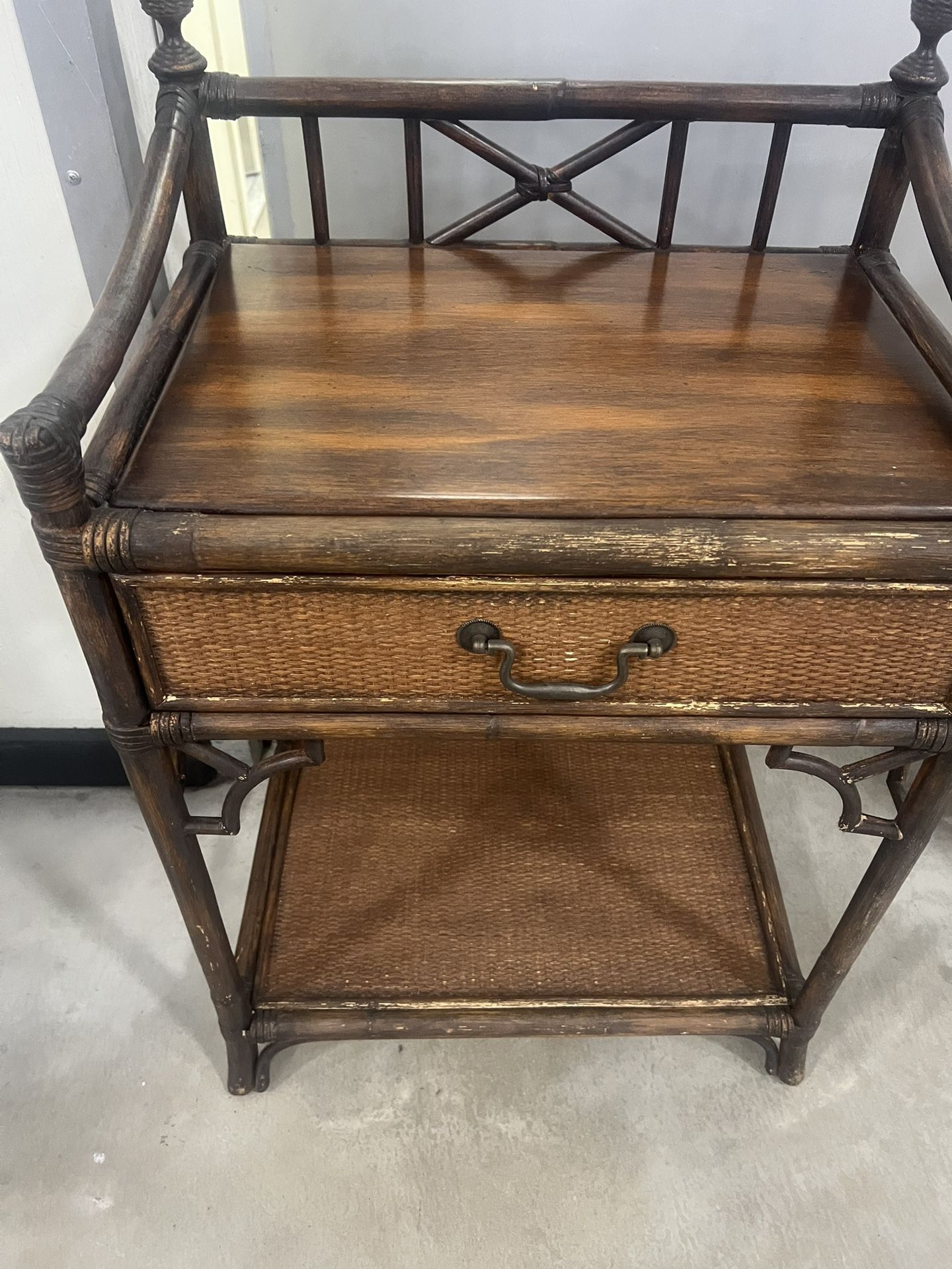 Vintage Decca Bamboo Rattan Wicker One Shelf End Table One Drawer Nightstand. This truly rare find is in good cosmetic condition with some minor cosm