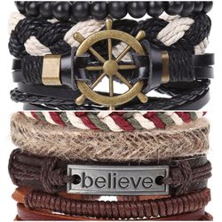 2 x Set Adjust. Size up to 9.5inc Leather Bracelet, (Ship Rudder-Believe_2)