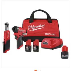 Milwaukee M12 Fuel Ratchet 3/8 In And 1/4 Inch Impact With 2 Batteries and Bag