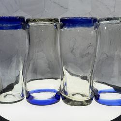 Moms Set of (6) Hand Blown Orion Mexican Pint Drinking Glasses Cobalt Blue Rim.  EASY GRIP STYLE! 16 oz Cantina Beer Glasses. 