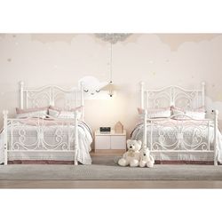 Set of 2pcs Twin Size Bed Frame for Kids,Metal Bed Frame with Butterfly Pattern Design Headboard and Footboard,No Box Spring Needed,Easy Assembly,Whit