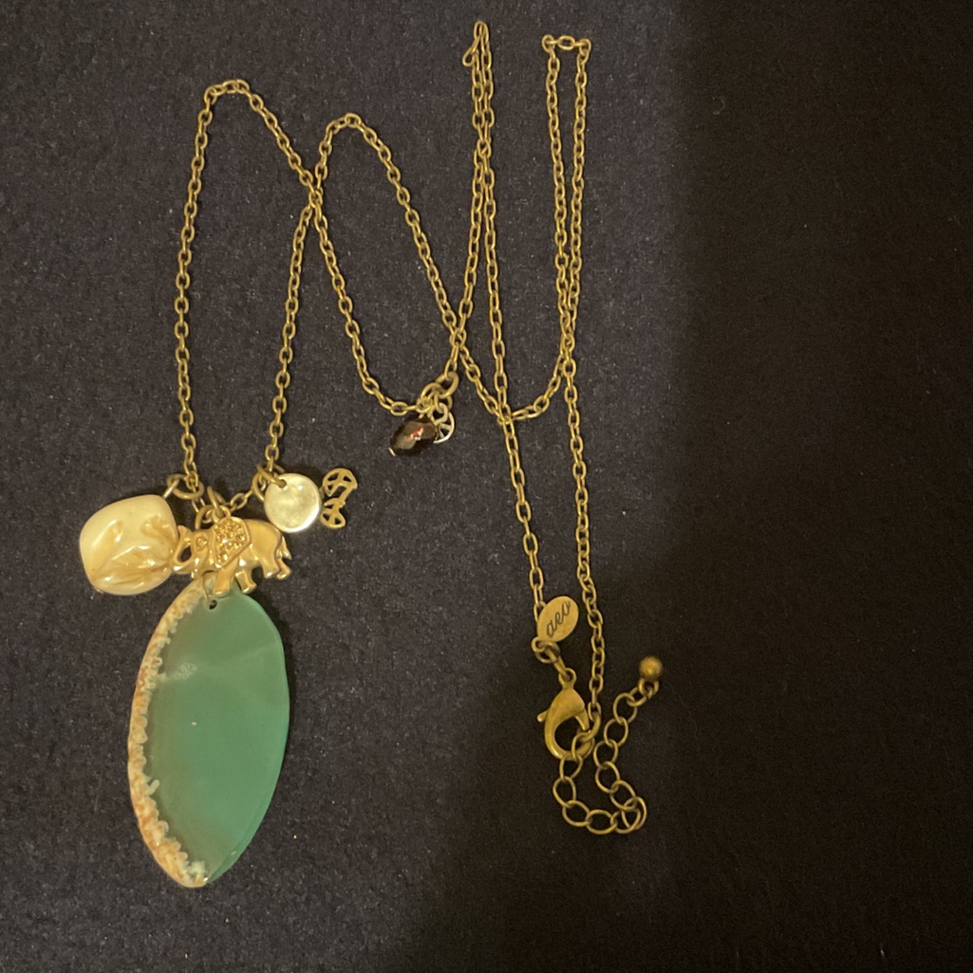 30” Bronze Necklace With Multiple Pendants/charms…Green Sea Glass,elephant,beige Pearl,amethyst Crystal,etc…,by aeo