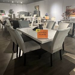 Black/white 7PC Marble Dining Table Set