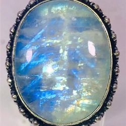 Beautiful Blue Rainbow Moonstone Large Oval Stone & .925 Stamped Stwrling Silver Ring Size 7 NEW!  Thumbnail
