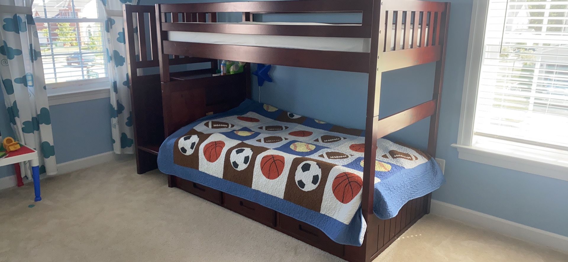 Kids Bunk Bed ( Twin over Twin Size) with mattresses. One of the mattress has never been used.