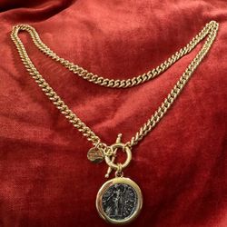 DYADEMA Mia Fiore Italy Roman Coin Silver Plated Gold Bronze Toggle Necklace 18"