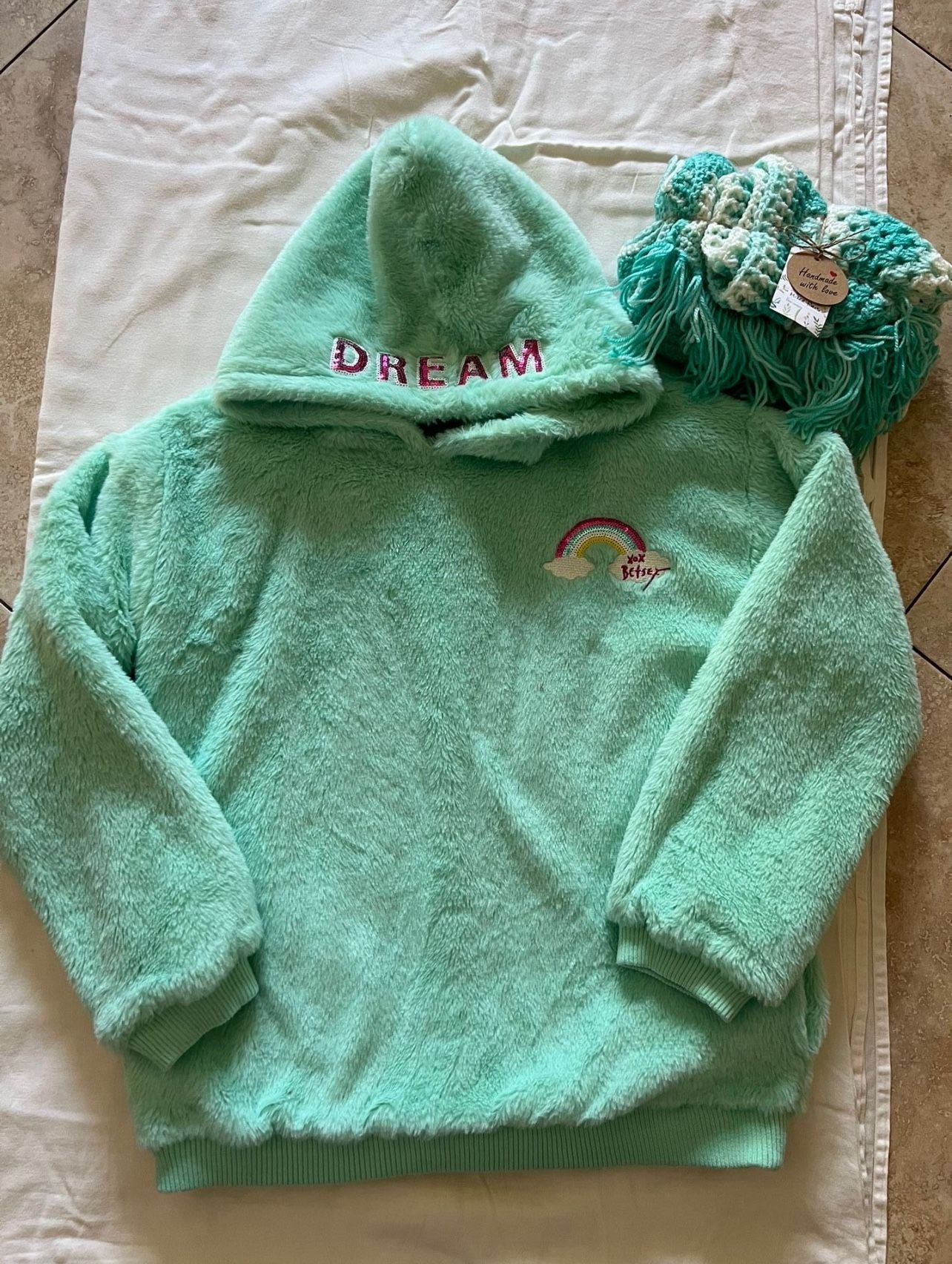 Betsey Johnson Girls Faux Fur Pullover Hoodie + Matching Hat And Scarf , Girls Top