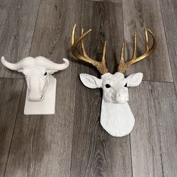 Decorative Deer and Bull Heads white Wall Mount great condition both for 25 dollars ceramic material