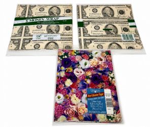 Vintage Gift Wrapping Paper Lot – Money Print & Floral Designs