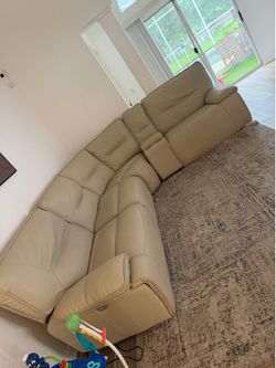 Beige Leather Reclining Sectional Sofa – Great Condition