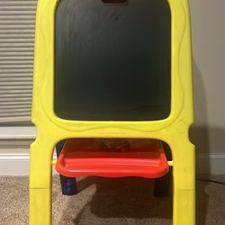 Crayola 3 In 1 Magnetic Double Easel. White board & chalk board have marks that won’t come off. See pics. There is marker on plastic too. Have extra l