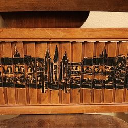 Vintage Burt Etched carved wood shudder of German city. Signed wall art 28 x 8 inches unique Vintage Burt Etched carved wood shudder of German city. 