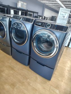 $1708 GE Profile sapphire blue gas washer dryer set with steam and sanitize