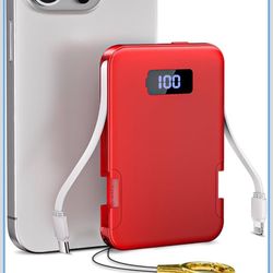 Portable Charger with Built in Cables, 5000mAh Slim Power Bank Travel Essential USB C External Battery Pack Compatible with iPhone, Android Phone etc 