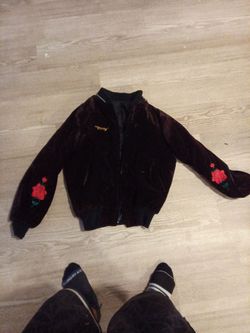Dark Velvet Bomber Jacket with Rose Embroidery