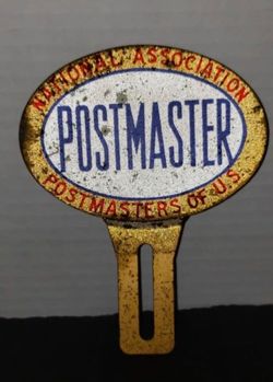 Vintage POSTMASTERS Union Automobile Plate Topper - harder to find