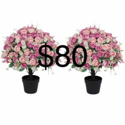 24" Artificial Outdoor Flowers Set of 2, UV Resistant Faux Rose Plants with Eucalyptus in Cement Pots, Potted Fake Silk Flowers for Covered Front Porc