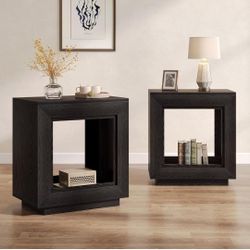 Set of 2 End Table, 24" Side Table with Storage Shelf, Farmhouse Style Nightstand Bedside Table (2, Black)