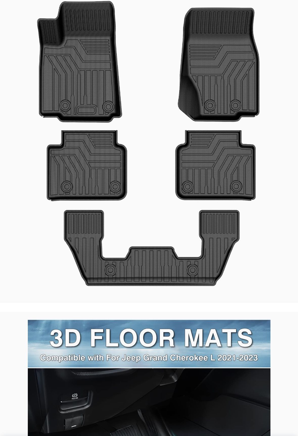 Floor Mats for Jeep Grand Cherokee L 2023 2022 2021, Only Fit 6-Passenger without Center Console, All Weather Floor Liners 3 Row Set Black
