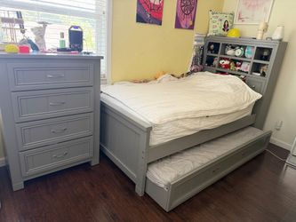 Gray Trundle Bed with Storage Cubbies + Tall Dresser – Great Condition