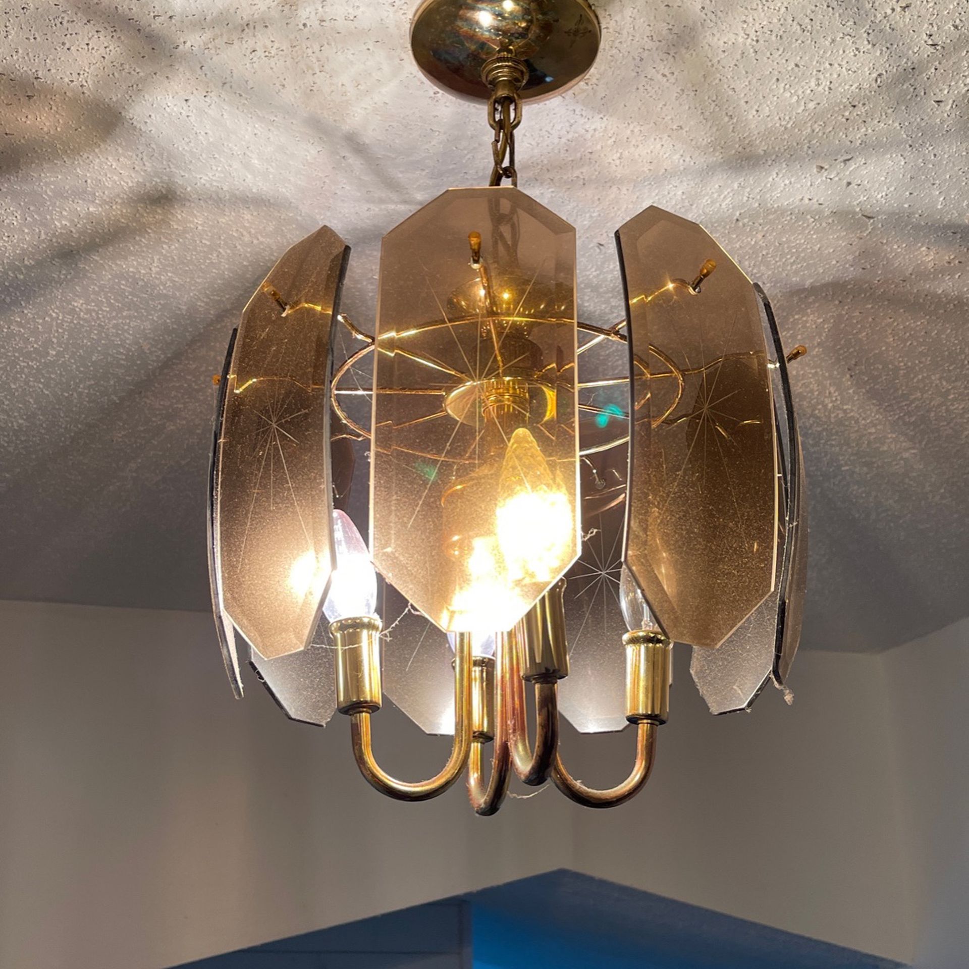 Vintage Amber Starbusrt Glass Design Gold Light Fixture