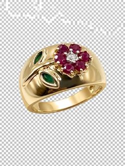 Gold Flower Ring with Ruby and Emerald Stones