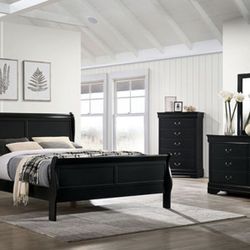 Black Queen Size Bed + Dresser + Mirror + Nightstand 