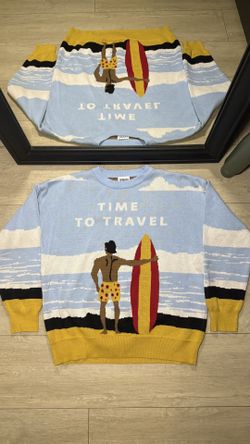 Y2K Sinar Blue & Yellow “Time to Travel” Knit Crewneck Sweater