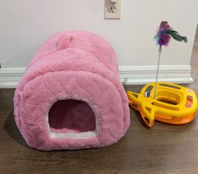 Pink Plush Pet Cat Bed With Toy 