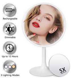 Lighted Makeup Mirror, 3 Color Dimmable Vanity Mirror with 1X/5X Magnification, Rechargeable Led Cosmetics Mirror Portable with Touch Screen, 120 Deg